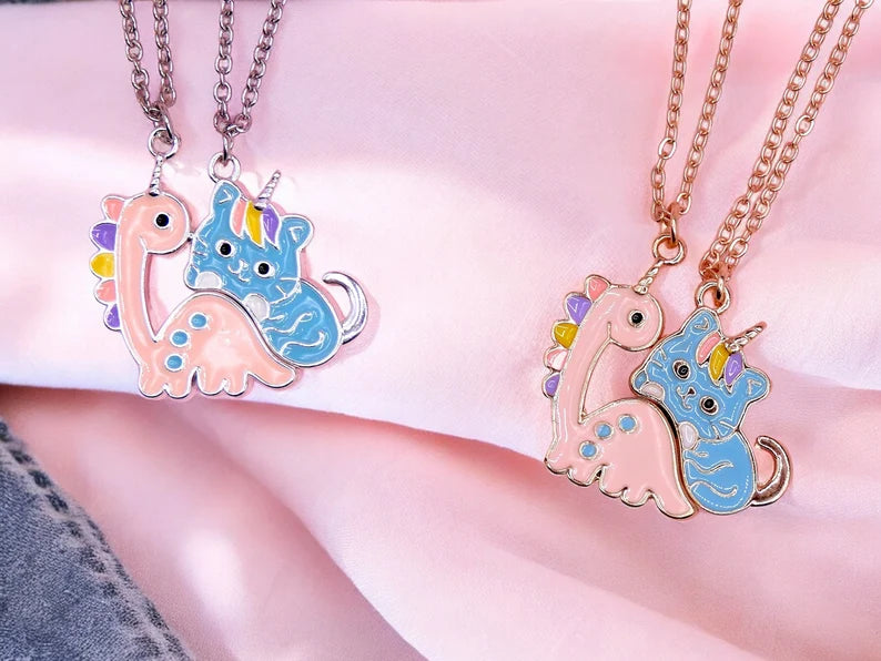 CHILD - Set of 2 Cute Unicorn Cat Dinosaur Friendship Necklaces - BFF Best Friends Forever - Fantasy - Magnetic Pendant