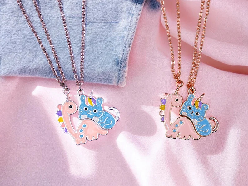 CHILD - Set of 2 Cute Unicorn Cat Dinosaur Friendship Necklaces - BFF Best Friends Forever - Fantasy - Magnetic Pendant