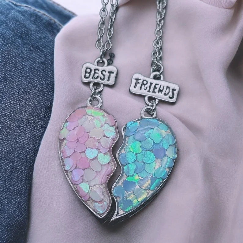 Lot de 2 Colliers D'amitié - Coeur Paillettes - BFF - Best Friends Forever - Amitié - Mignon - À Partager