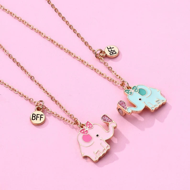 CHILD - Set of 2 Elephant Friendship Necklaces - BFF Best Friends Forever - Fantasy - Magnetic Pendant - Silver or Gold