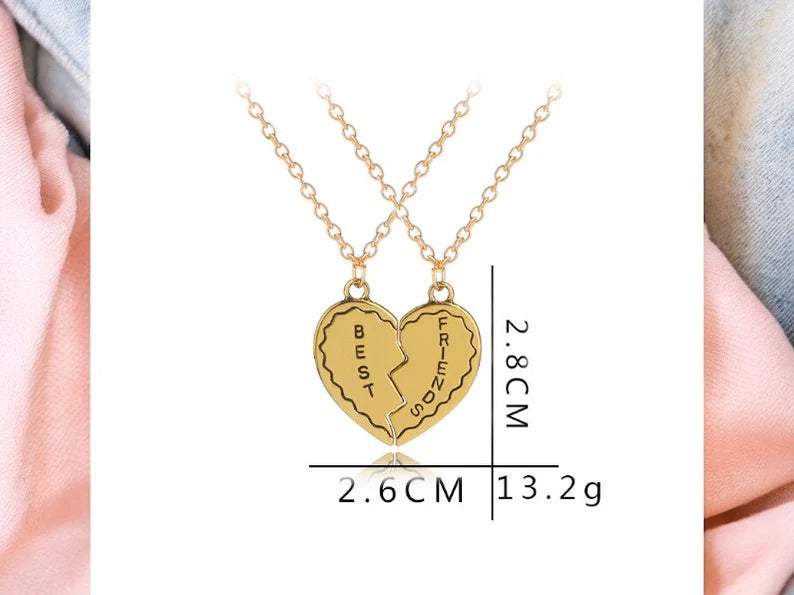 Set of 2 Heart Friendship Necklace Chains - BFF Best Friends Forever - Fancy - Gold Pendant and Chain
