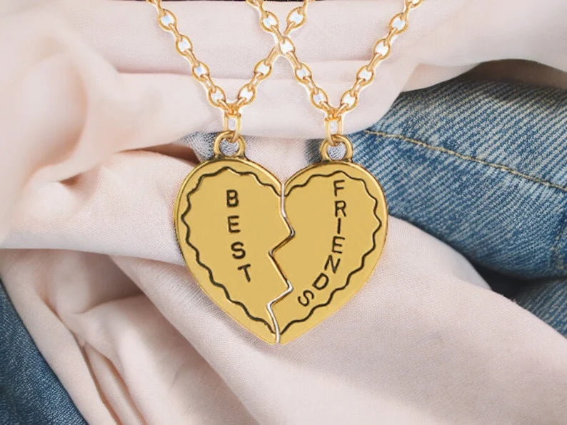 Set of 2 Heart Friendship Necklace Chains - BFF Best Friends Forever - Fancy - Gold Pendant and Chain