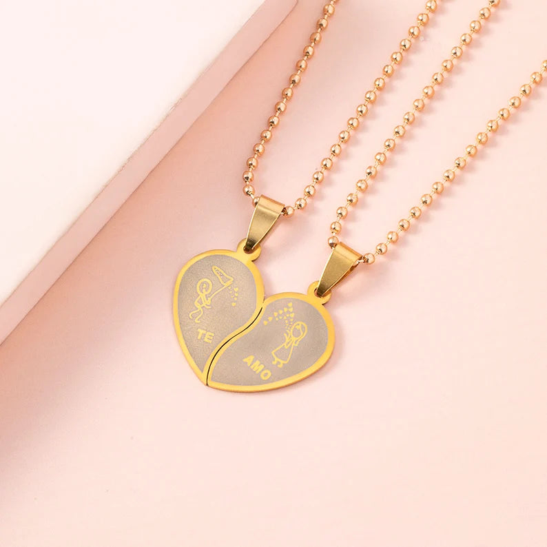 Lot de 2 Colliers D'amitié Couple Amoureux - Coeur - Te Amo - BFF - Best Friends Forever - Pendentif Chaine Doré - Amitié
