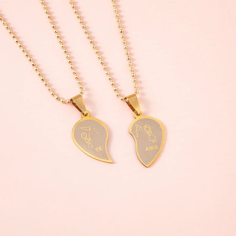 Lot de 2 Colliers D'amitié Couple Amoureux - Coeur - Te Amo - BFF - Best Friends Forever - Pendentif Chaine Doré - Amitié