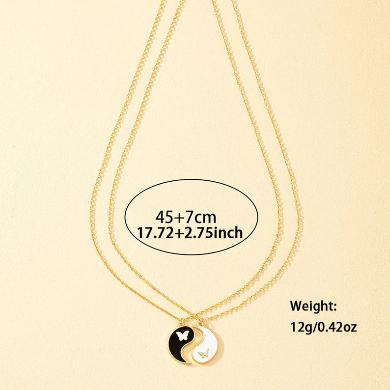 Lot de 2 Colliers D'amitié - Ying Yang - Papillon - BFF - Best Friends Forever - Pendentif Chaîne Doré - Amoureux Couple Amitié