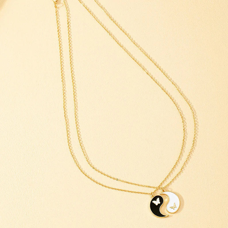 Lot de 2 Colliers D'amitié - Ying Yang - Papillon - BFF - Best Friends Forever - Pendentif Chaîne Doré - Amoureux Couple Amitié