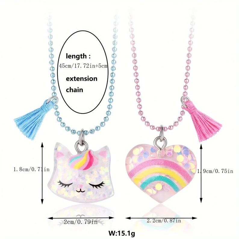 Lot de 2 Colliers D'amitié - Chat Licorne Coeur - BFF - Best Friends Forever - Amitié - Pendentif Résine Arc en Ciel