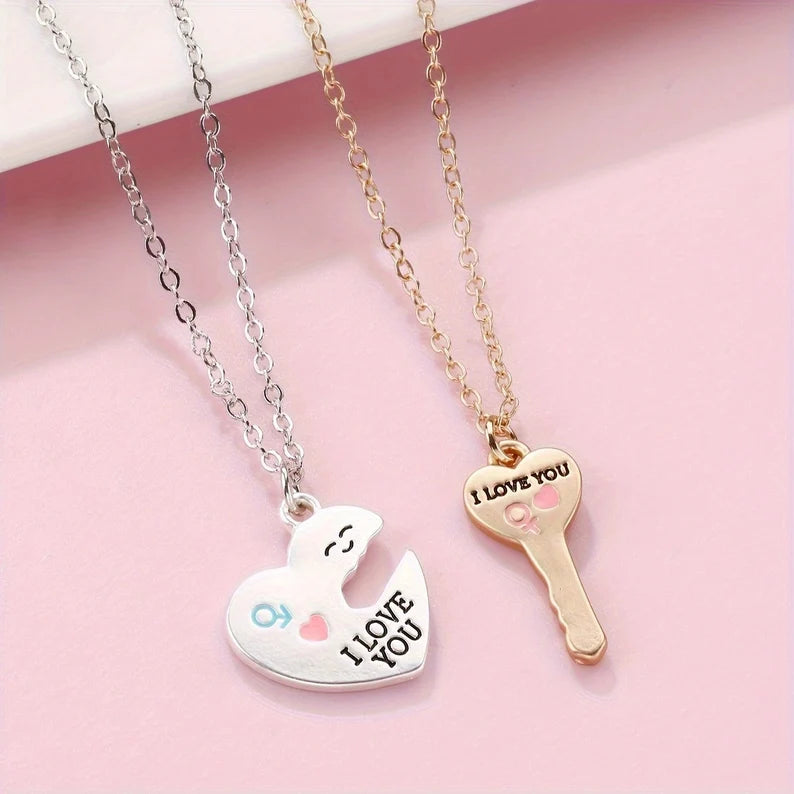 Lot de 2 Colliers D'amitié - Coeur et Clé - BFF - Best Friends Forever - Pendentif Doré Argenté - Amoureux Couple Amitié