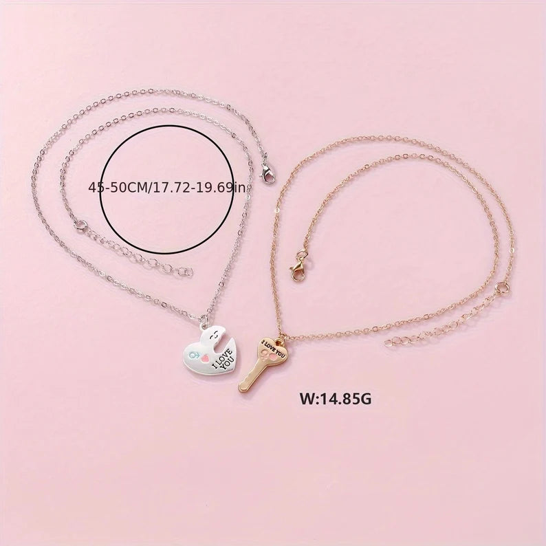 Lot de 2 Colliers D'amitié - Coeur et Clé - BFF - Best Friends Forever - Pendentif Doré Argenté - Amoureux Couple Amitié