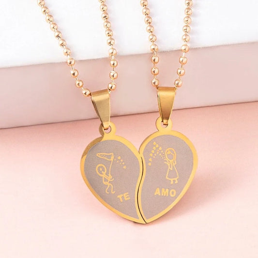 Lot de 2 Colliers D'amitié Couple Amoureux - Coeur - Te Amo - BFF - Best Friends Forever - Pendentif Chaine Doré - Amitié