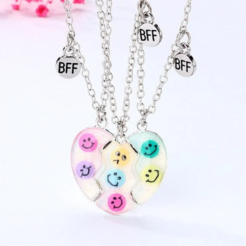 Lot de 3 Colliers D'amitié Aimantés - Coeur Paillettes Smiley - BFF - Best Friends Forever - Amitié - A Partager - Mignon