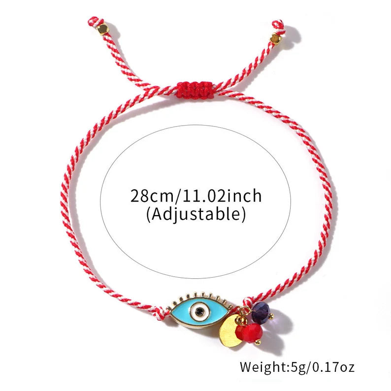 Bracelet Cordon Réglable avec Carte - Coeur Coccinelle Mauvais Oeil - Cordon Rouge Blanc