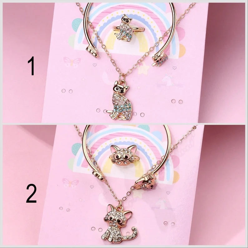 Parure 3 pièces avec Carte - Collier Bracelet Bague - Chat Chaton - Fantaisie - Amoureux des Chats - Mignon Doré Strass