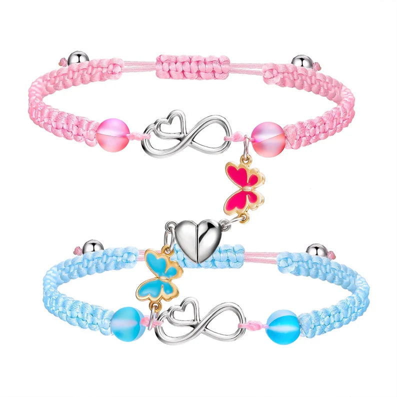 Set mit 2 verstellbaren Freundschaftsarmbändern aus Kordel, Beste Freunde, Gänseblümchen, Schmetterling – BFF, beste Freunde – magnetischer Anhänger – Liebhaber – Paar