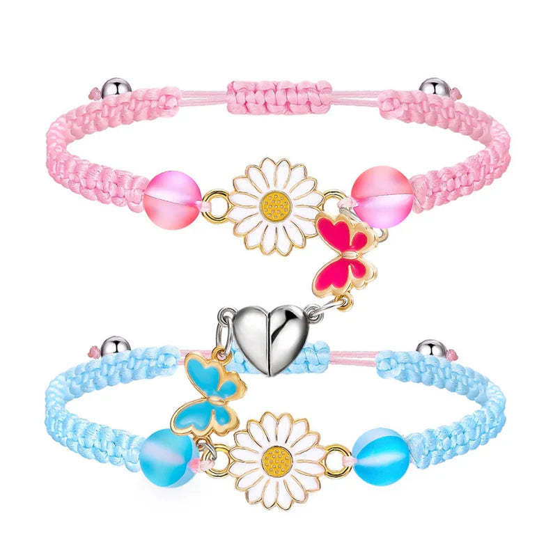 Set mit 2 verstellbaren Freundschaftsarmbändern aus Kordel, Beste Freunde, Gänseblümchen, Schmetterling – BFF, beste Freunde – magnetischer Anhänger – Liebhaber – Paar