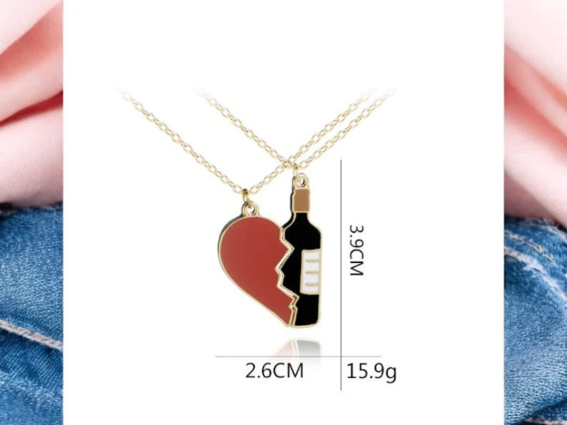 Lot de 2 Colliers D'amitié Couple Amoureux - Coeur Bouteille Vin - BFF - Best Friends Forever - Amitié - Pendentif et Chaine Doré