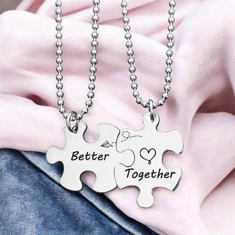 Set mit 2 Ketten, Freundschaftsketten, Paar-Puzzle, besser zusammen – BFF, beste Freunde für immer – Anhänger und Kette aus silberfarbenem Edelstahl