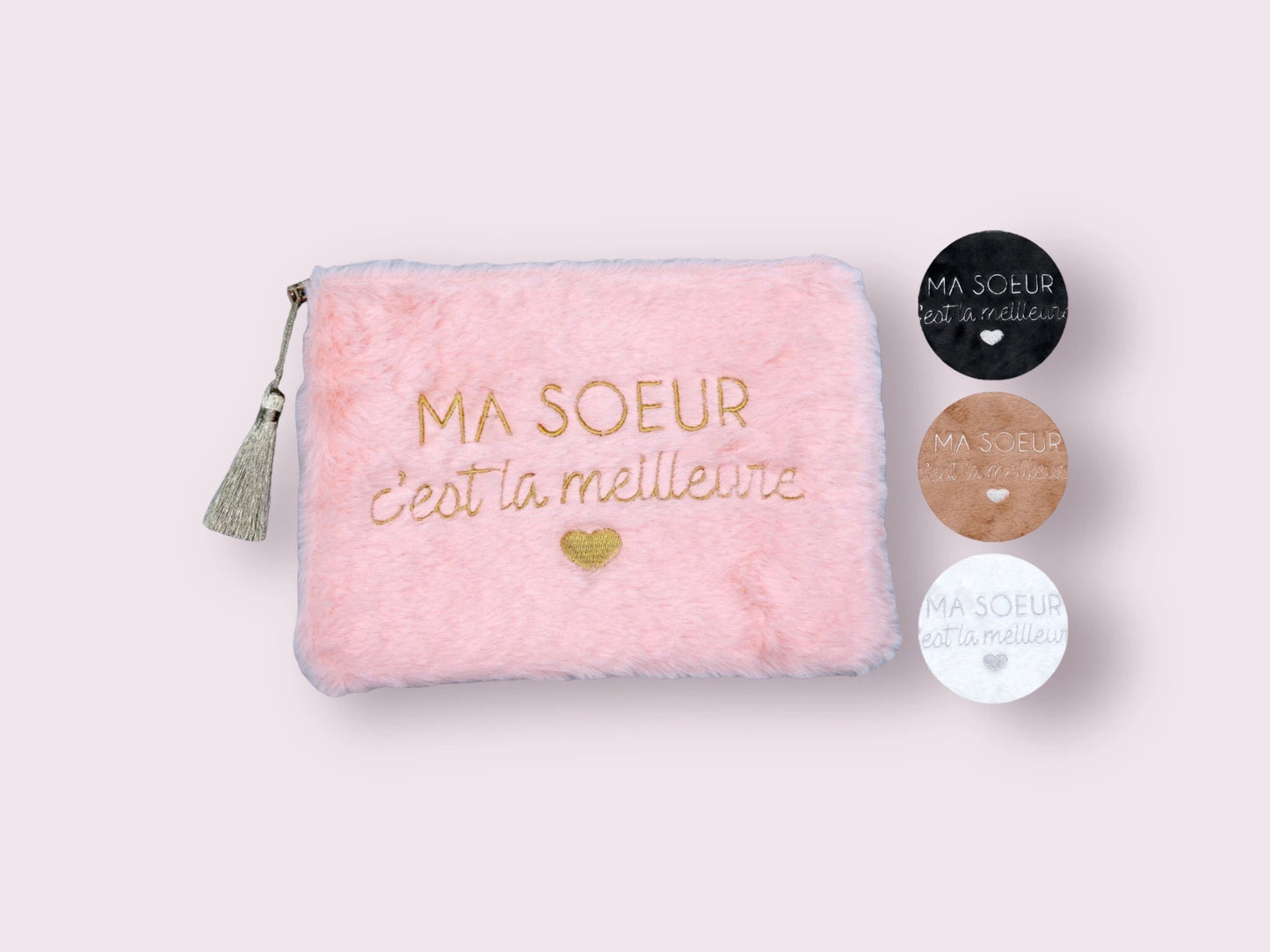Pochette Trousse - Ma soeur c'est la meilleure - Moumoute Façon Peluche - Cadeau Naissance