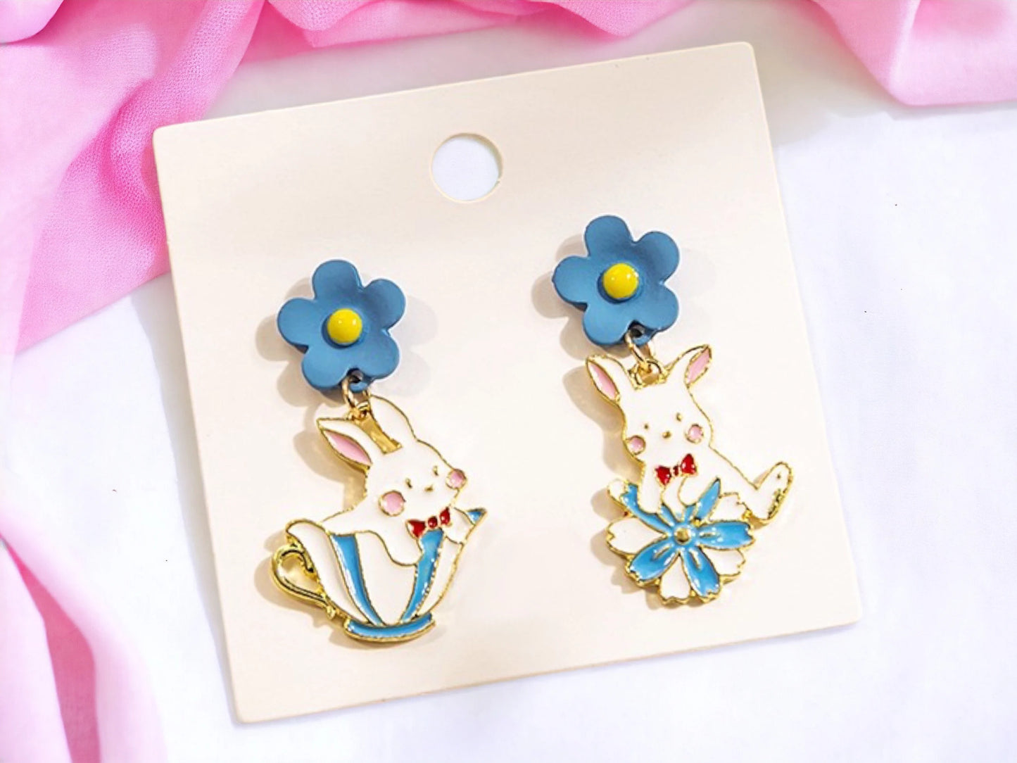 Boucles Oreilles - Pendants d'oreilles - Lapin Tasse Thé - Alice Wonderland - Cuivre Plaqué Or