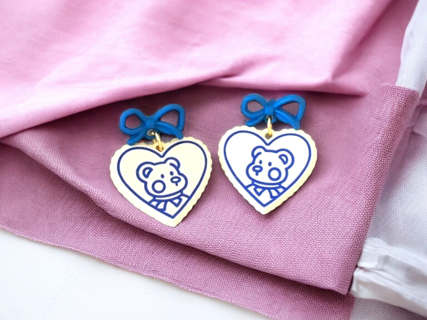 Boucles Oreilles Clip - Clip d'oreilles - Ourson Petit Noeux Bleu - Cuivre Plaqué Or