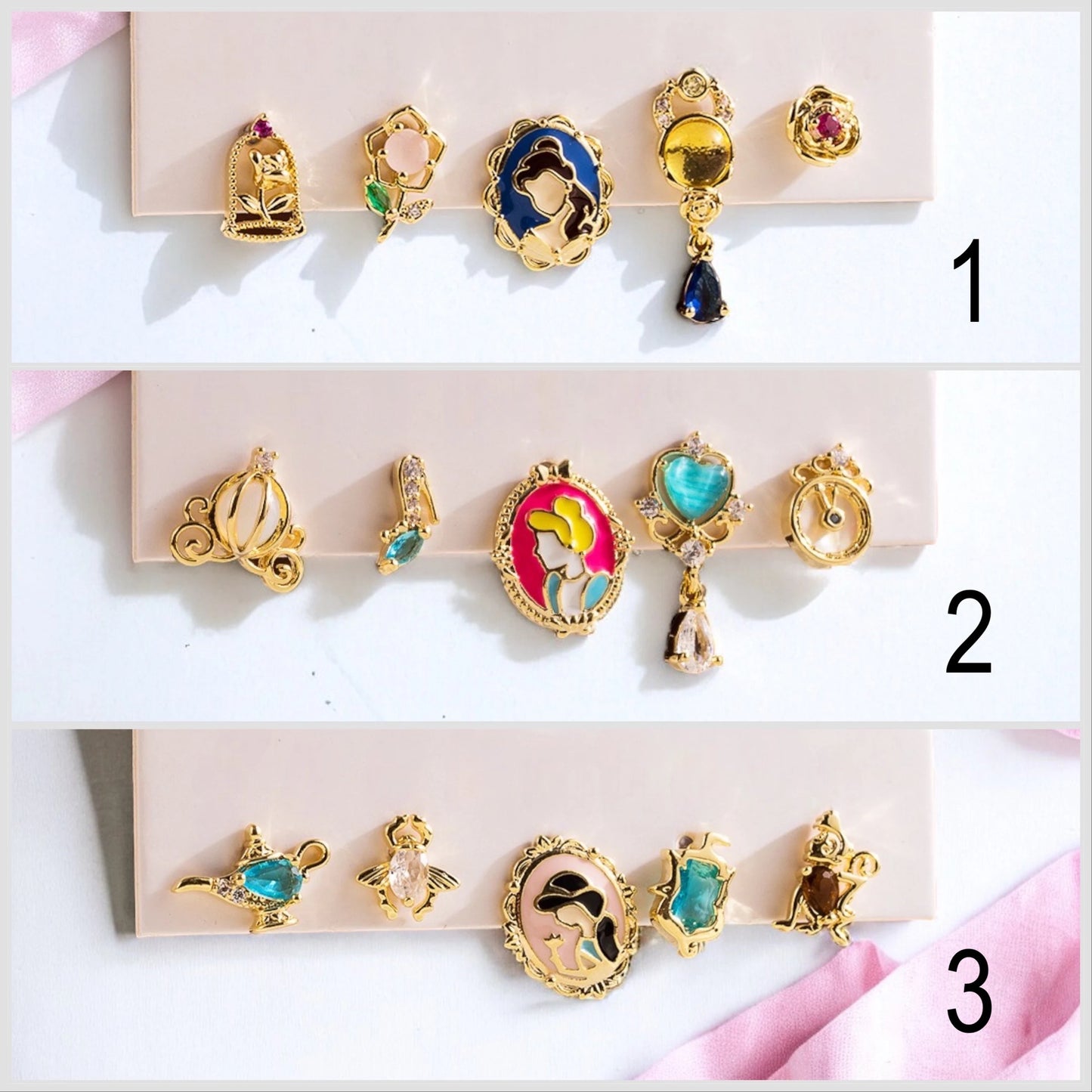 Ensemble de 5 Boucles Oreilles - Cuivre Zircon Plaqué Or - Princesses - Mignon Conte de Fée Dessin Animé