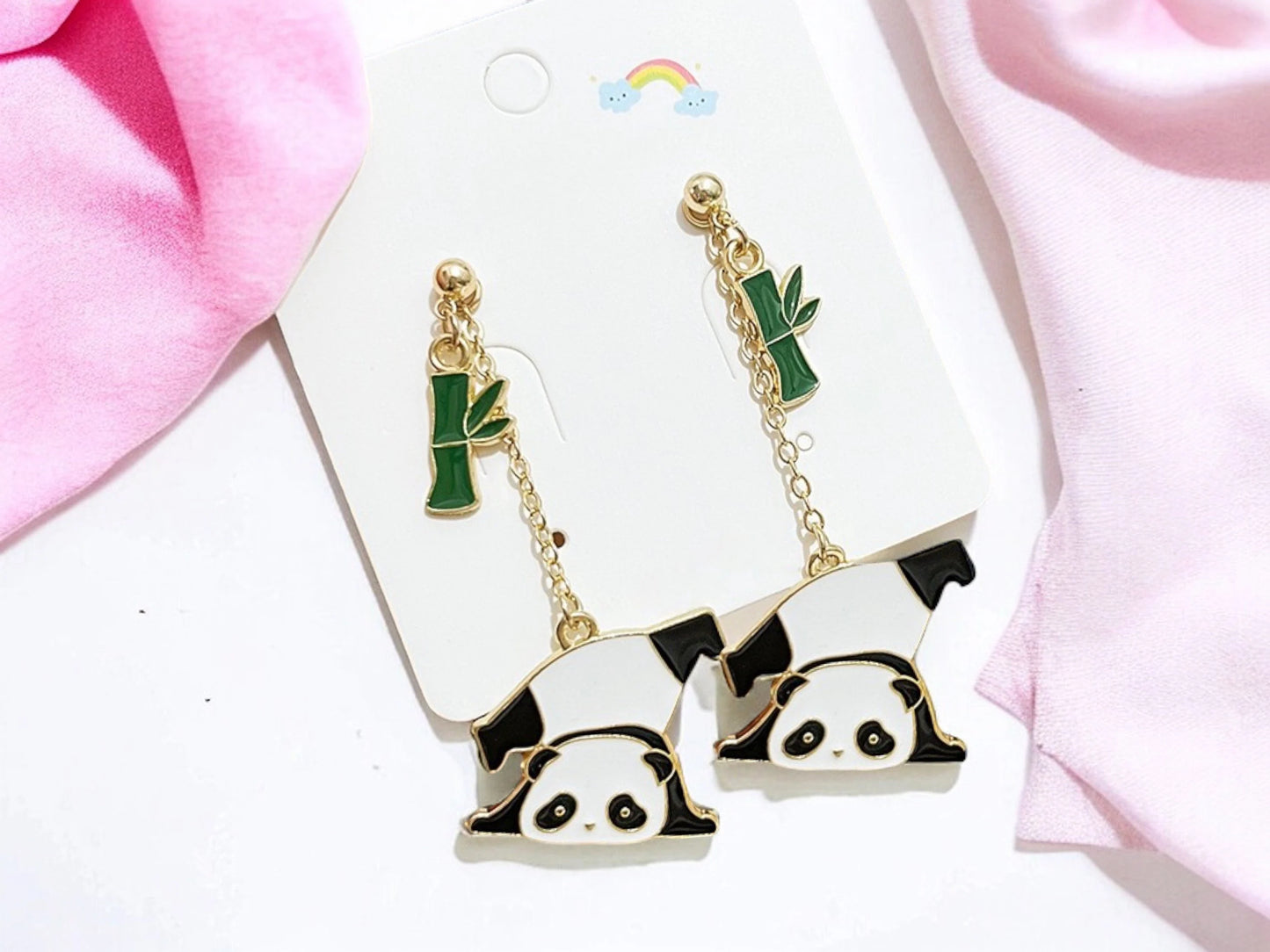 Boucles Oreilles - Pendants d'oreilles - Panda Bambou - Porte Bonheur Chance - Cuivre Plaqué Or