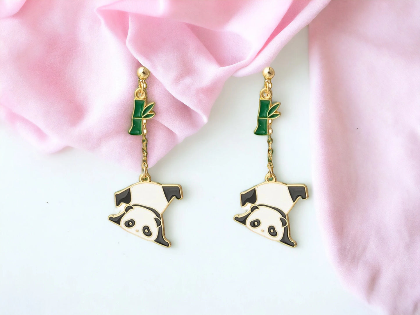 Boucles Oreilles - Pendants d'oreilles - Panda Bambou - Porte Bonheur Chance - Cuivre Plaqué Or