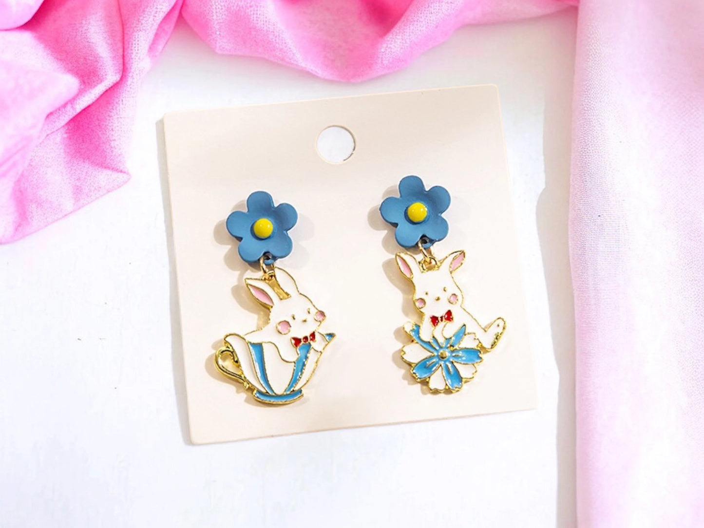 Boucles Oreilles - Pendants d'oreilles - Lapin Tasse Thé - Alice Wonderland - Cuivre Plaqué Or