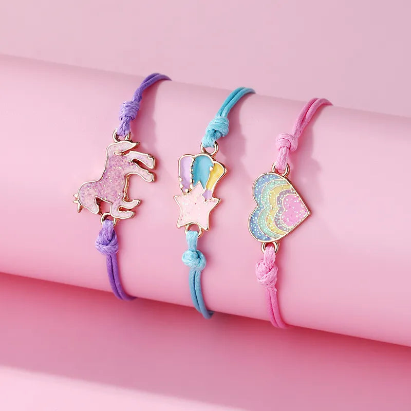 Lot de 3 Bracelets Cordon Réglable avec Carte - Licorne Etoile Filante Coeur Multicouleurs Pastel - Mignon
