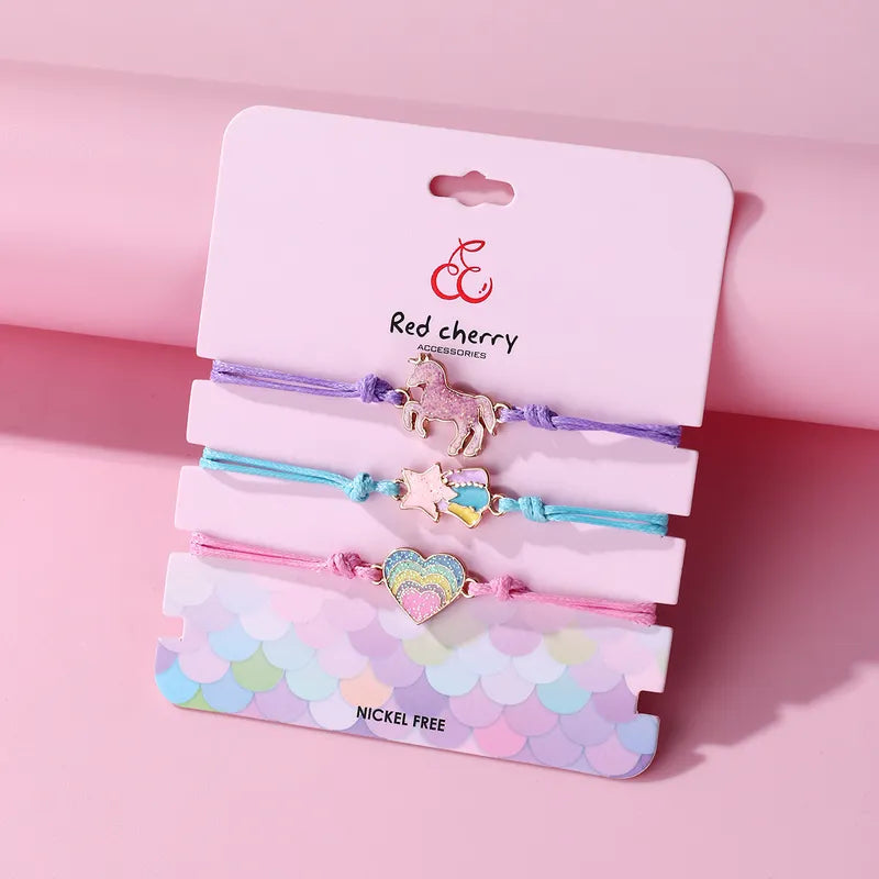 Lot de 3 Bracelets Cordon Réglable avec Carte - Licorne Etoile Filante Coeur Multicouleurs Pastel - Mignon