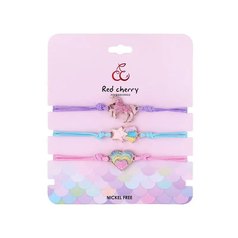 Lot de 3 Bracelets Cordon Réglable avec Carte - Licorne Etoile Filante Coeur Multicouleurs Pastel - Mignon
