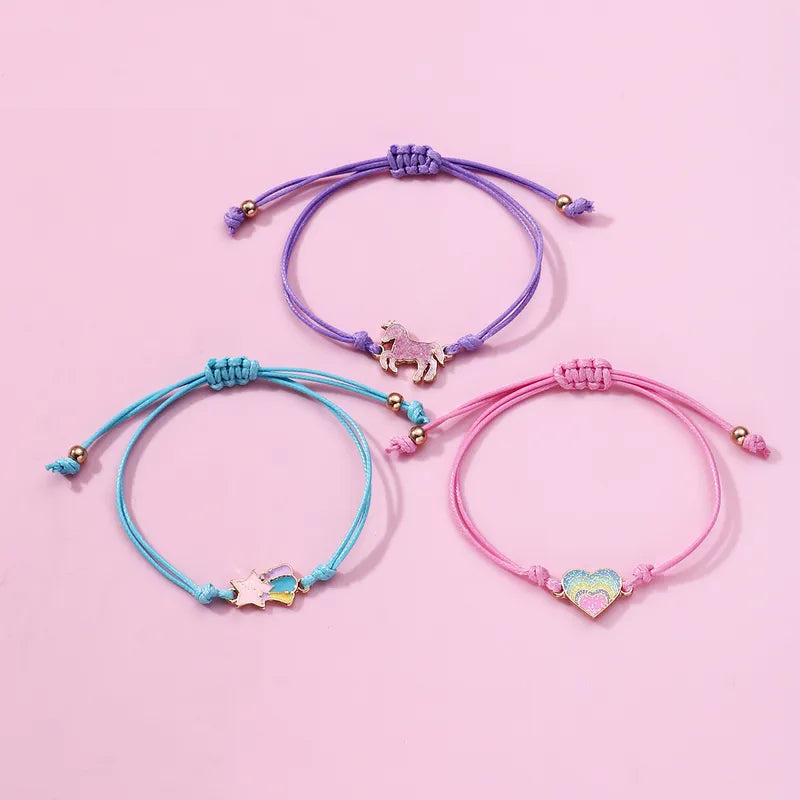 Lot de 3 Bracelets Cordon Réglable avec Carte - Licorne Etoile Filante Coeur Multicouleurs Pastel - Mignon