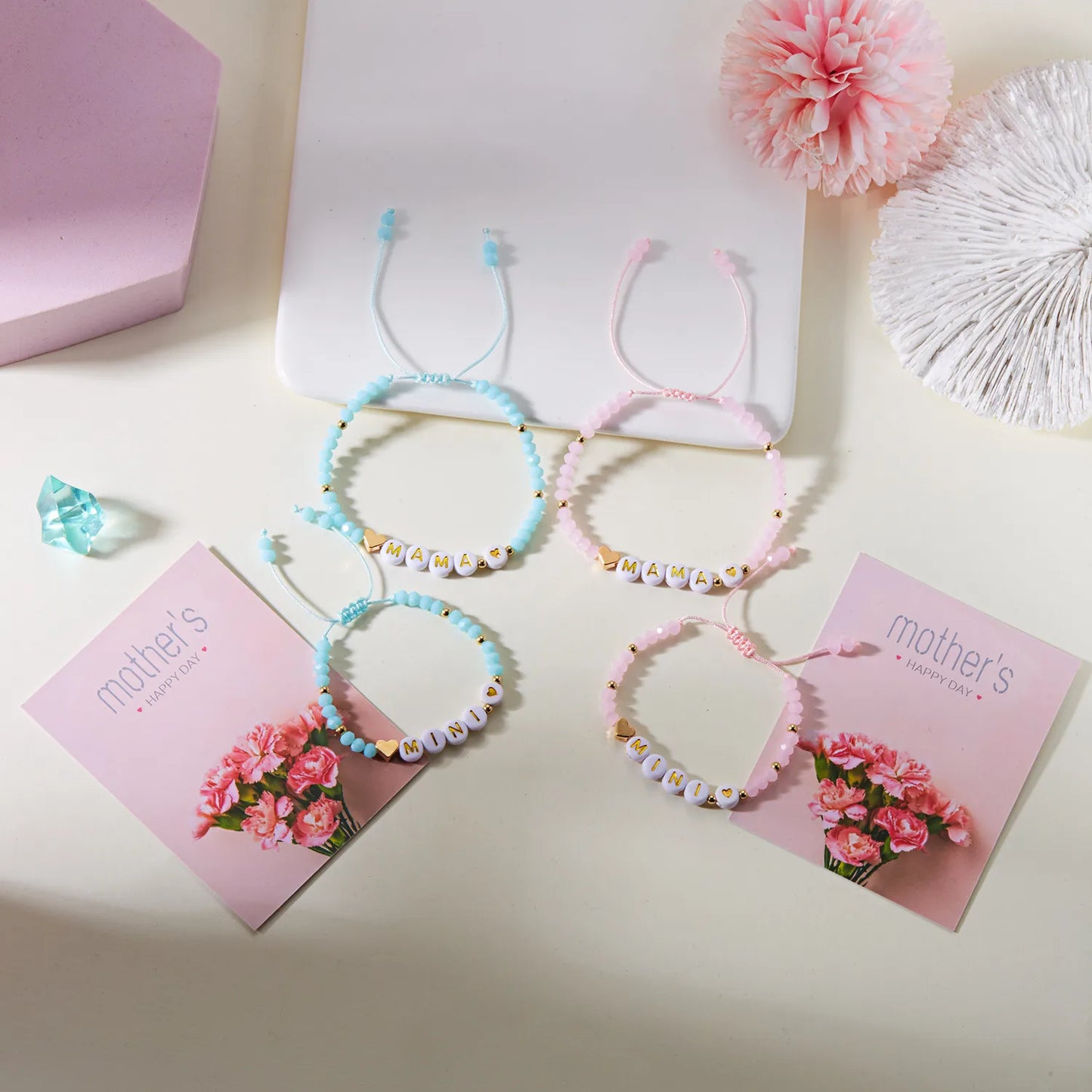 Lot de 2 Bracelets Cordon Réglable avec Carte - Mère Fille Fils - Mama Mini - Famille Parents Enfant Maman Fille Fils