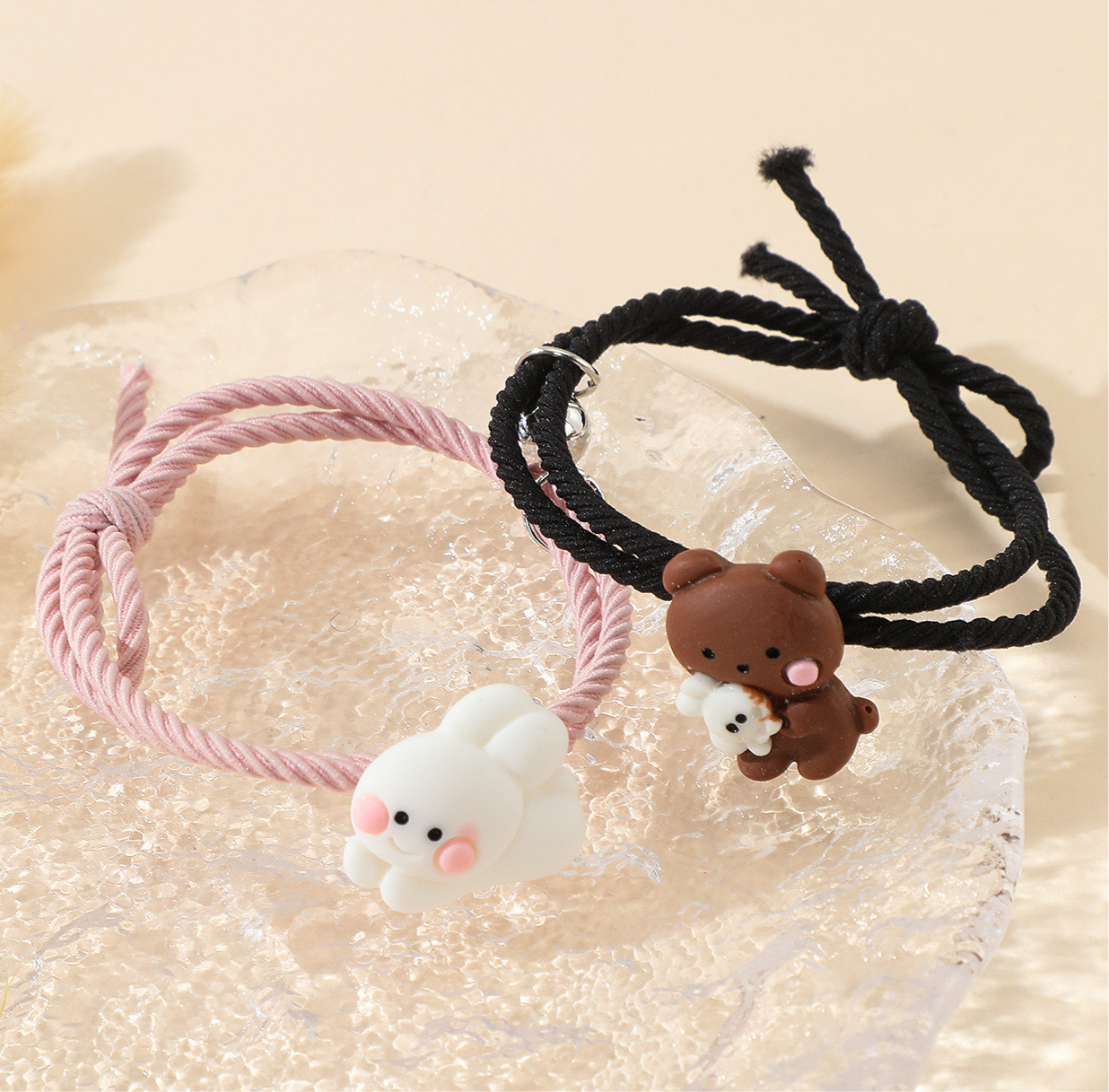 CHILD - Set of 2 Elastic Cord Friendship Bracelets Bear Rabbit - BFF Best Friends Forever - Fantasy - Magnetic Pendant