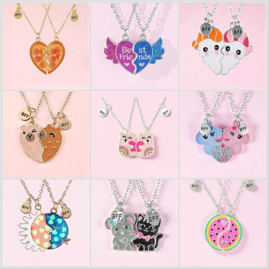 CHILDREN - Set of 2 Chains Friendship Necklaces Cat Unicorn &amp; Heart - BFF Best Friends Forever - Fantasy - Rainbow Resin Pendant