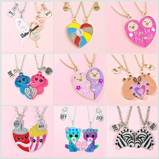 CHILDREN - Set of 2 Chains Friendship Necklaces Cat Unicorn &amp; Heart - BFF Best Friends Forever - Fantasy - Rainbow Resin Pendant