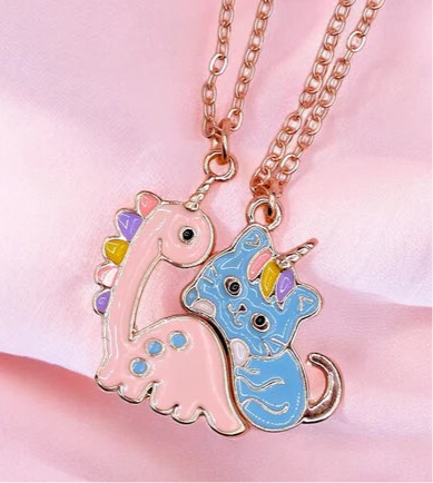 CHILD - Set of 2 Cute Unicorn Cat Dinosaur Friendship Necklaces - BFF Best Friends Forever - Fantasy - Magnetic Pendant