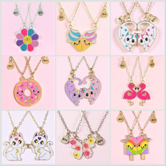 CHILDREN - Set of 2 Chains Friendship Necklaces Cat Unicorn &amp; Heart - BFF Best Friends Forever - Fantasy - Rainbow Resin Pendant