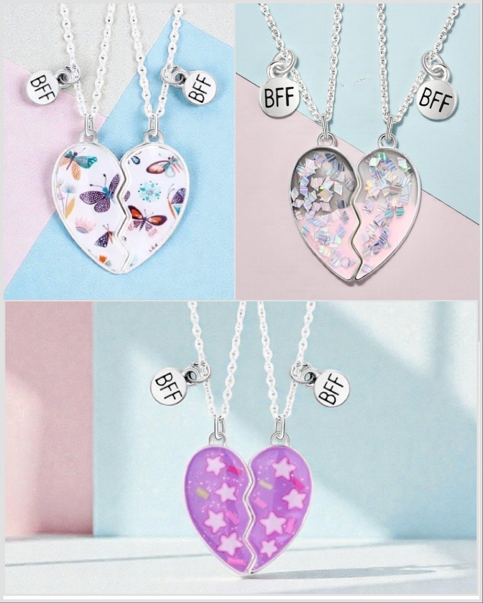 Lot de 2 Colliers D'amitié Aimanté - Coeur Paillettes - BFF - Best Friends Forever - Amitié