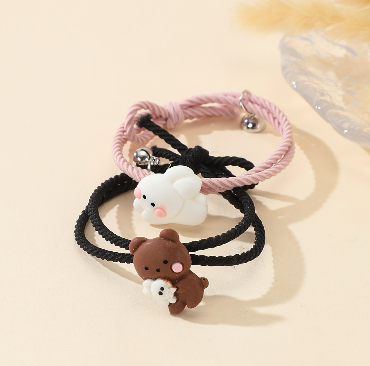 CHILD - Set of 2 Elastic Cord Friendship Bracelets Bear Rabbit - BFF Best Friends Forever - Fantasy - Magnetic Pendant