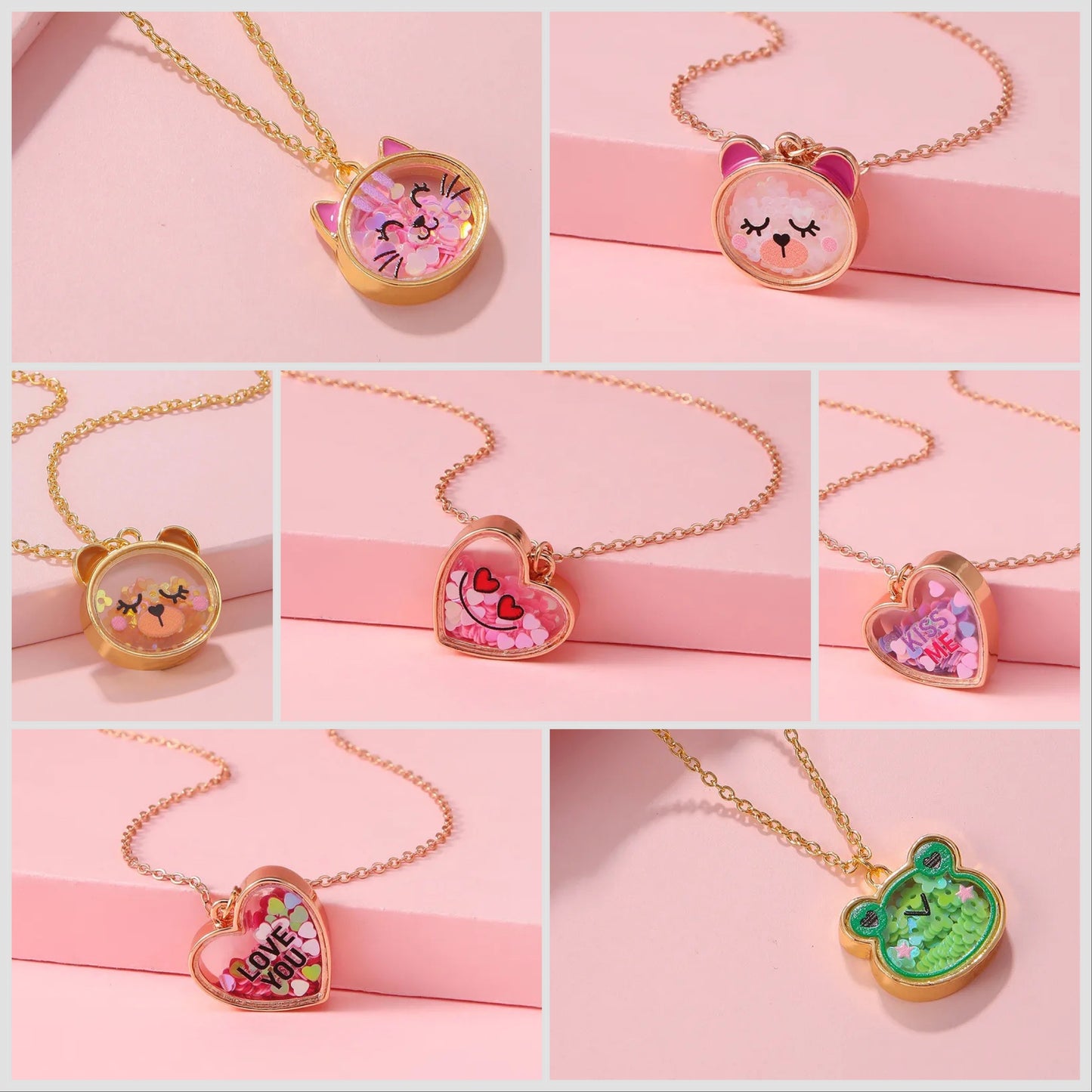 Collier Acrylique Transparent - Chat Ourson Grenouille Coeur - Pendentif intérieur Paillettes
