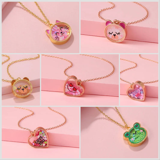 Collier Acrylique Transparent - Chat Ourson Grenouille Coeur - Pendentif intérieur Paillettes