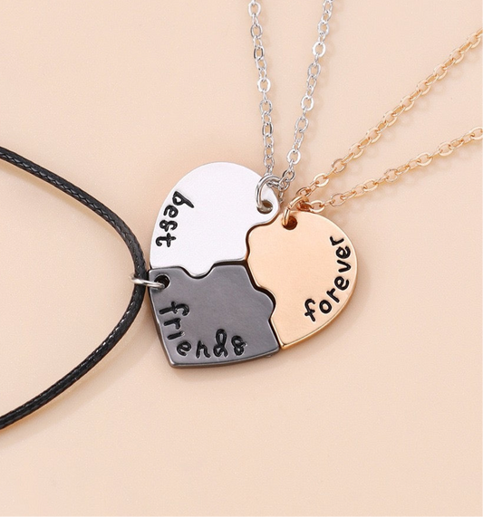 Set of 3 Heart Friendship Necklace Chains - BFF Best Friends Forever - Fancy - Silver Pendant and Chain