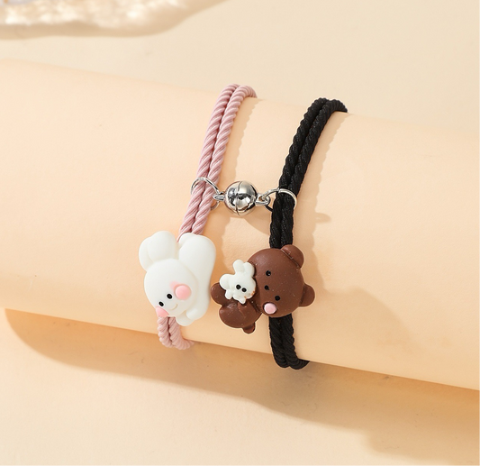 CHILD - Set of 2 Elastic Cord Friendship Bracelets Bear Rabbit - BFF Best Friends Forever - Fantasy - Magnetic Pendant