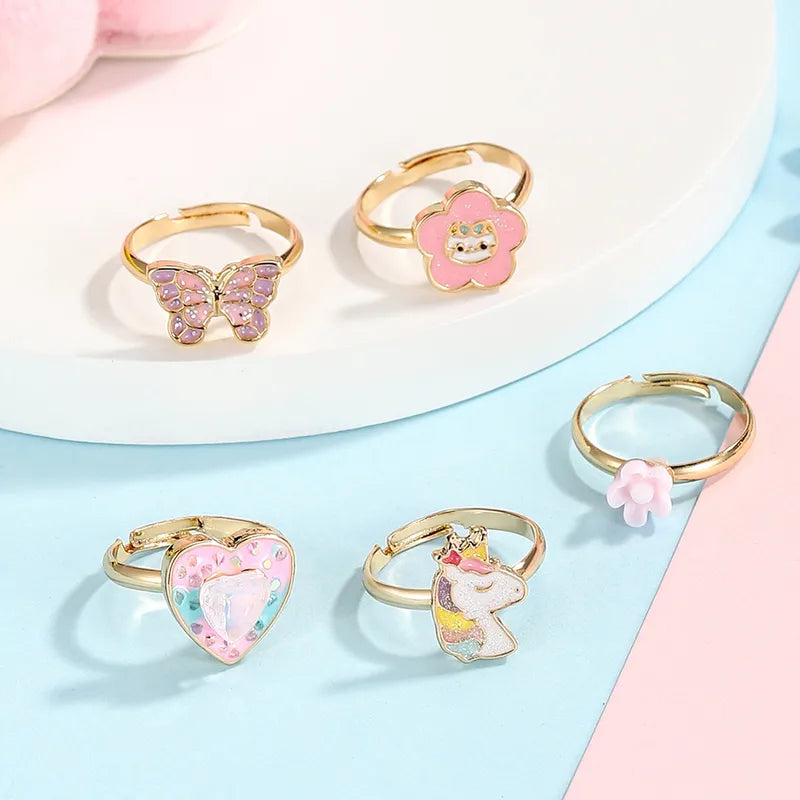 Lot de 5 Bagues Réglables pour Enfants  - Bague Papillon Coeur Licorne Fleur - BFF