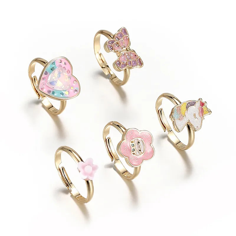 Lot de 5 Bagues Réglables pour Enfants  - Bague Papillon Coeur Licorne Fleur - BFF