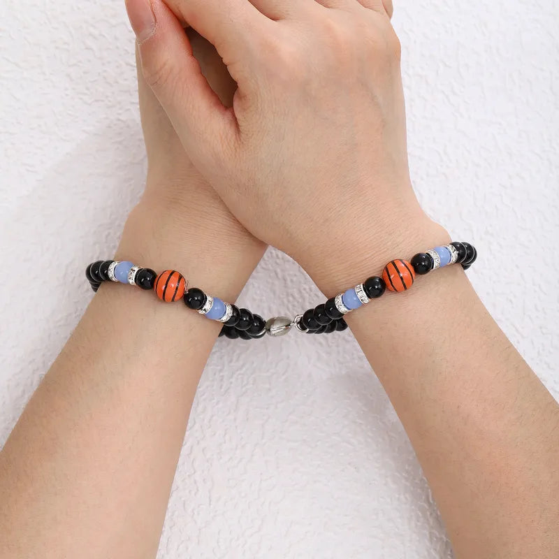 Lot de 2 Bracelets Pierre - Football Basketball - BFF - Best Friends - Amitié - Coeur Aimanté Phosphorescent