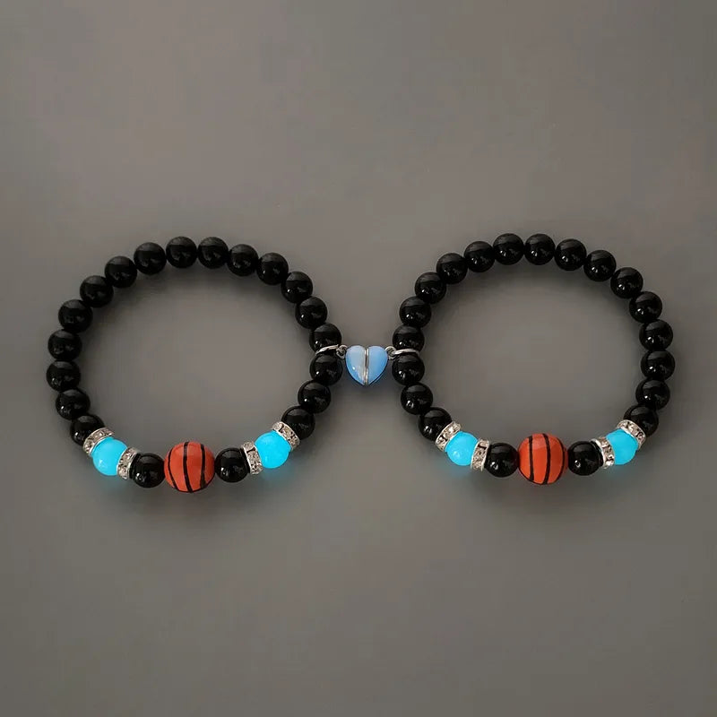 Lot de 2 Bracelets Pierre - Football Basketball - BFF - Best Friends - Amitié - Coeur Aimanté Phosphorescent