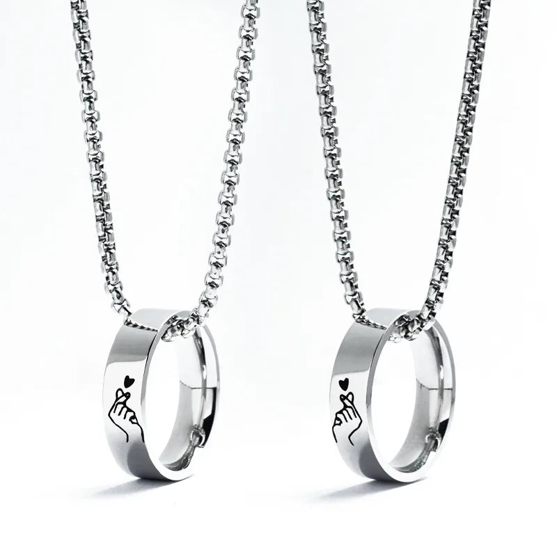 Set of 2 Chains Friendship Necklaces Couple Rings Snowmen Hold a Heart - BFF Best Friends - Stainless Steel Chain Pendant