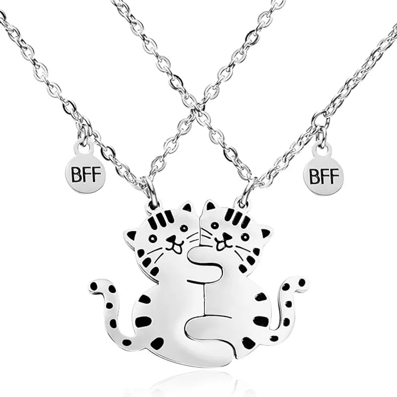 Set mit 2 Freundschaftsketten – Ineinander verschlungene Katzen – BFF Best Friends Forever – Anhänger – Liebhaber – Paar – Edelstahl – Katzenliebhaber